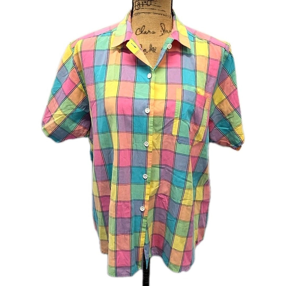 Vintage Alison Craig Pastel Plaid Button Up Blouse Coastal Grandmillennial sz 18
